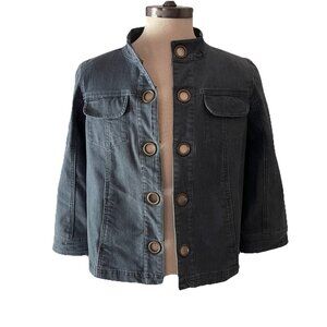 AMX Jean Jacket Womens Sz Large Grommet Pockets 3/4 Sleeve Bow Accent Boho Y2K